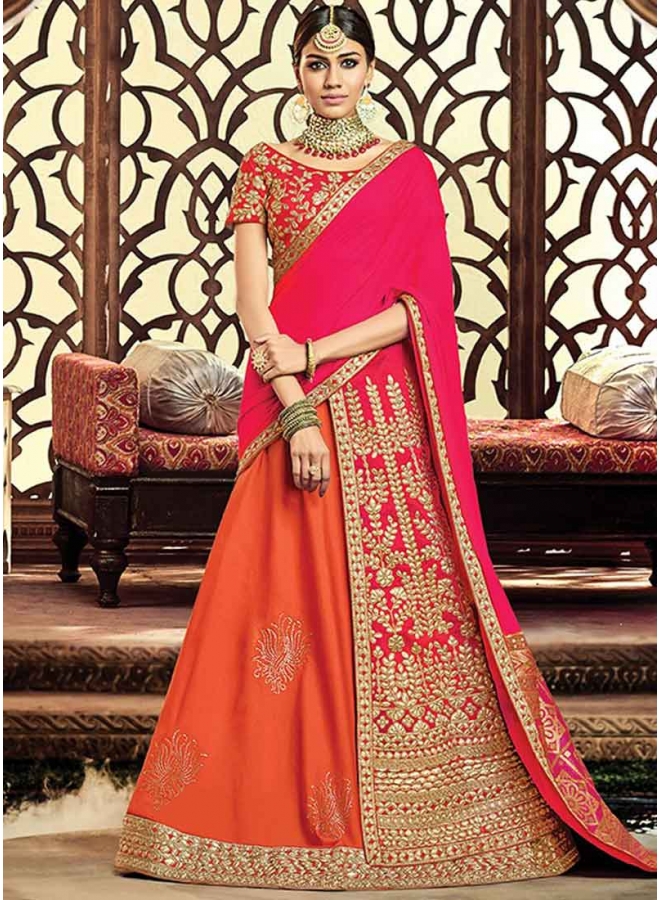 Orange Pink Heavy Embroidery Zari Work Raw Silk Designer Party Wear Lehenga Choli